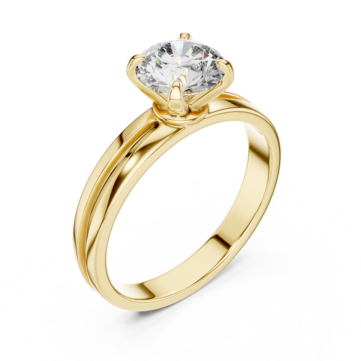 Ring met ronde diamant van 1 ct, klauwzetting en gesplitste ringscheen in geelgoud — aanzicht 12