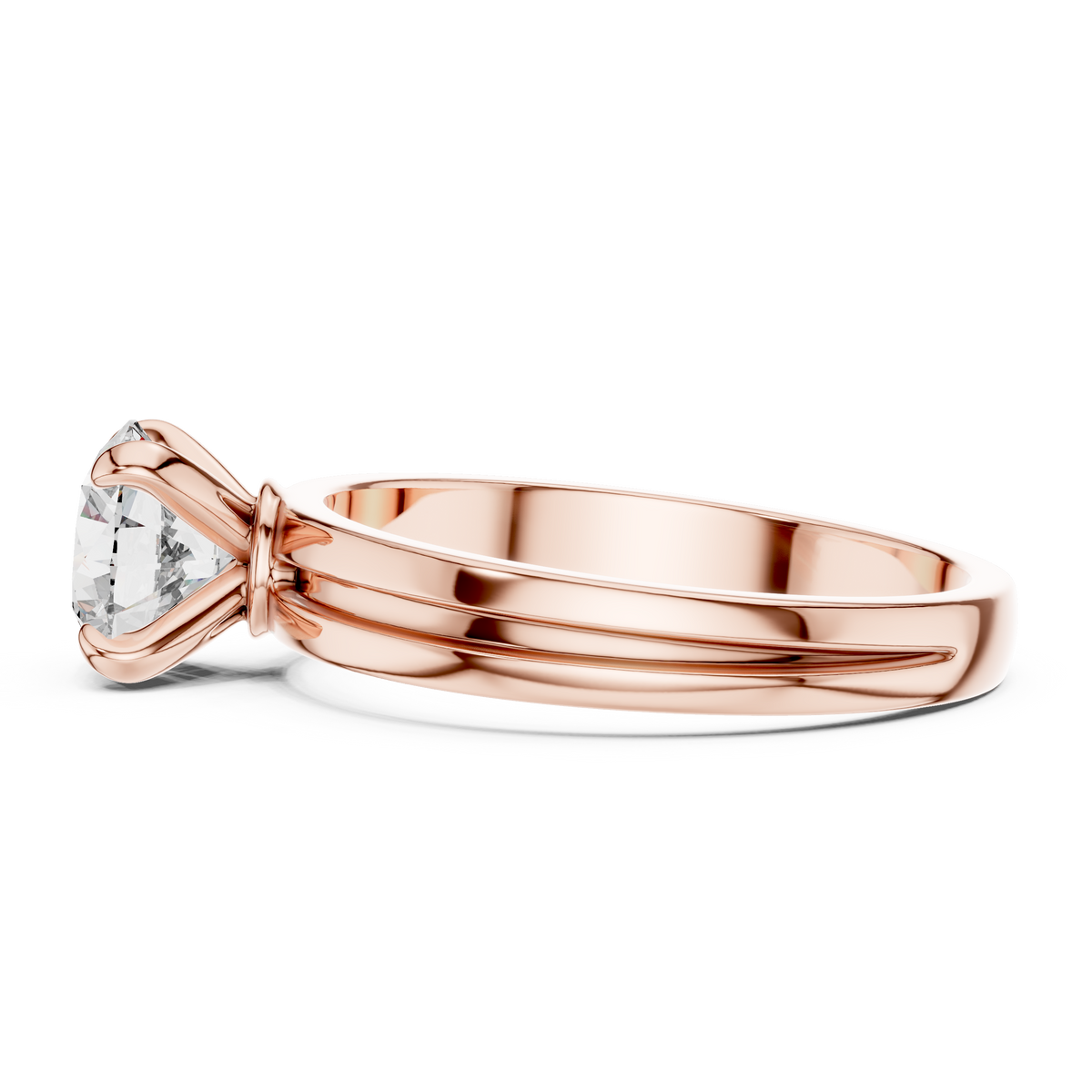 Ring met ronde diamant van 1 ct, klauwzetting en gesplitste ringscheen in roségoud — aanzicht 4