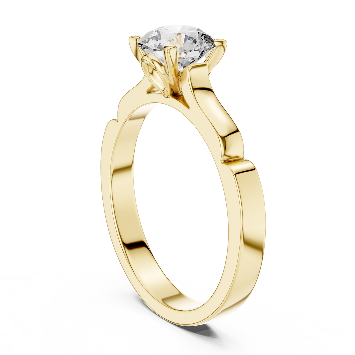 Solitairering met ronde diamant van 1 ct en toelopende schouders in geelgoud — aanzicht 1