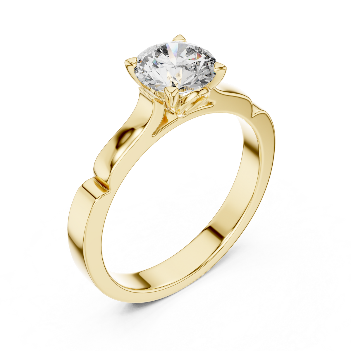 Solitairering met ronde diamant van 1 ct en toelopende schouders in geelgoud — aanzicht 12