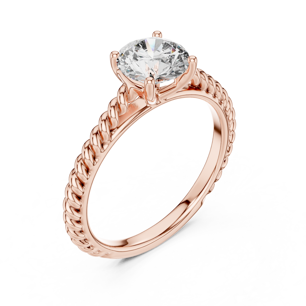 1ct Round Diamond Rope-Shank Solitaire Ring in rose gold, view 3