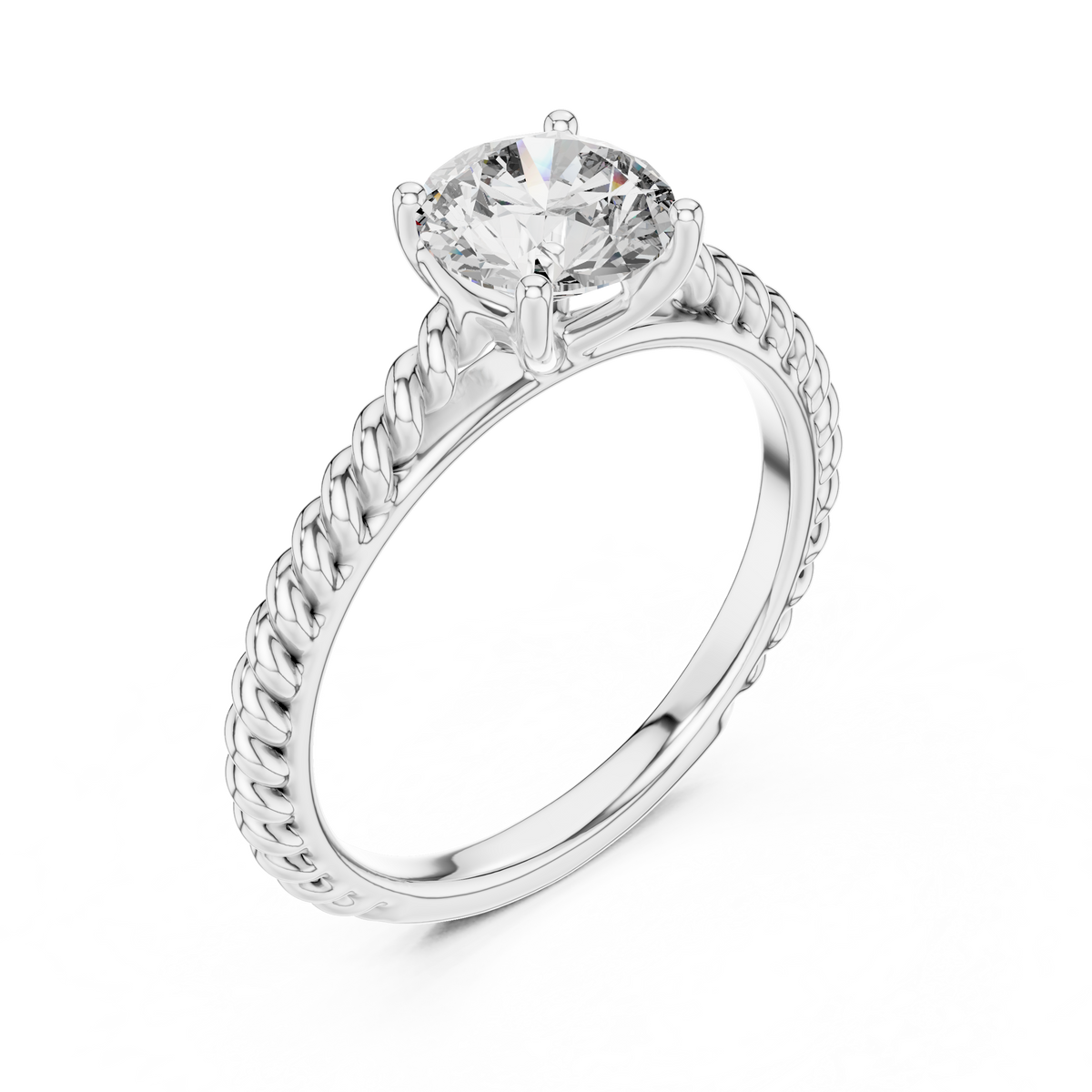 1ct Round Diamond Rope-Shank Solitaire Ring in white gold, view 2