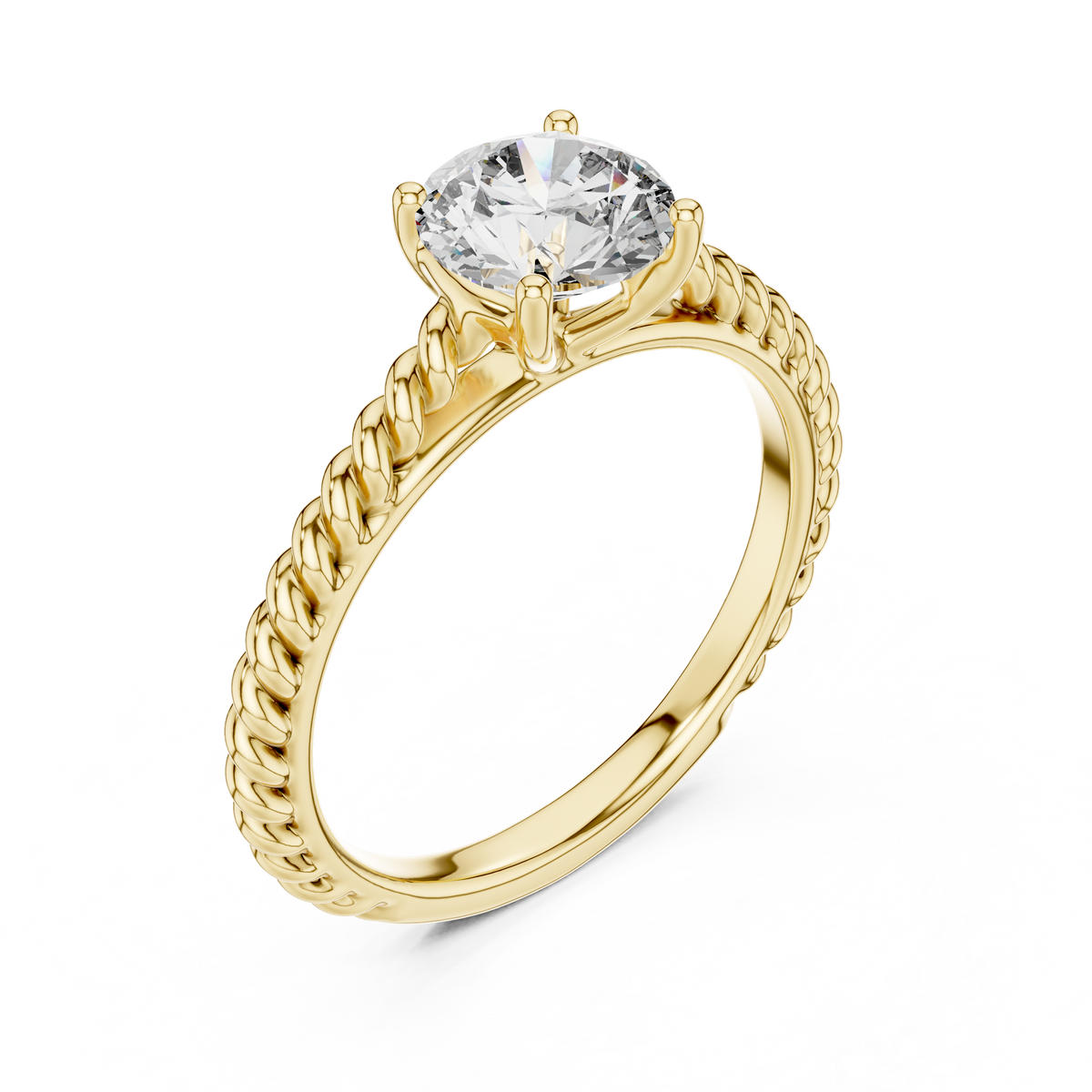 1ct Round Diamond Rope-Shank Solitaire Ring in yellow gold, view 1