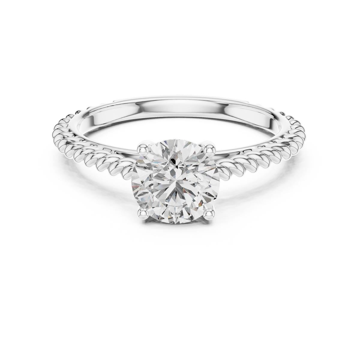 1ct Round Diamond Rope-Shank Solitaire Ring in white gold, view 7