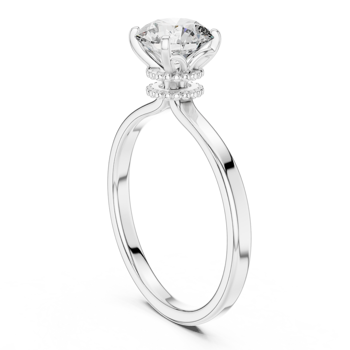 1ct Round Diamond Beaded Halo Ring in white gold, view 2