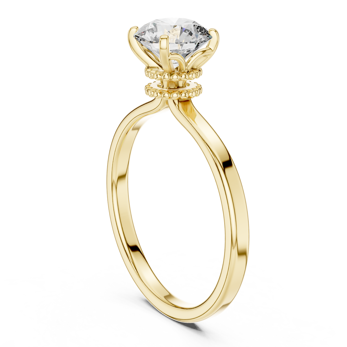 Ring met ronde diamant van 1 ct en kralenhalo in geelgoud — aanzicht 1