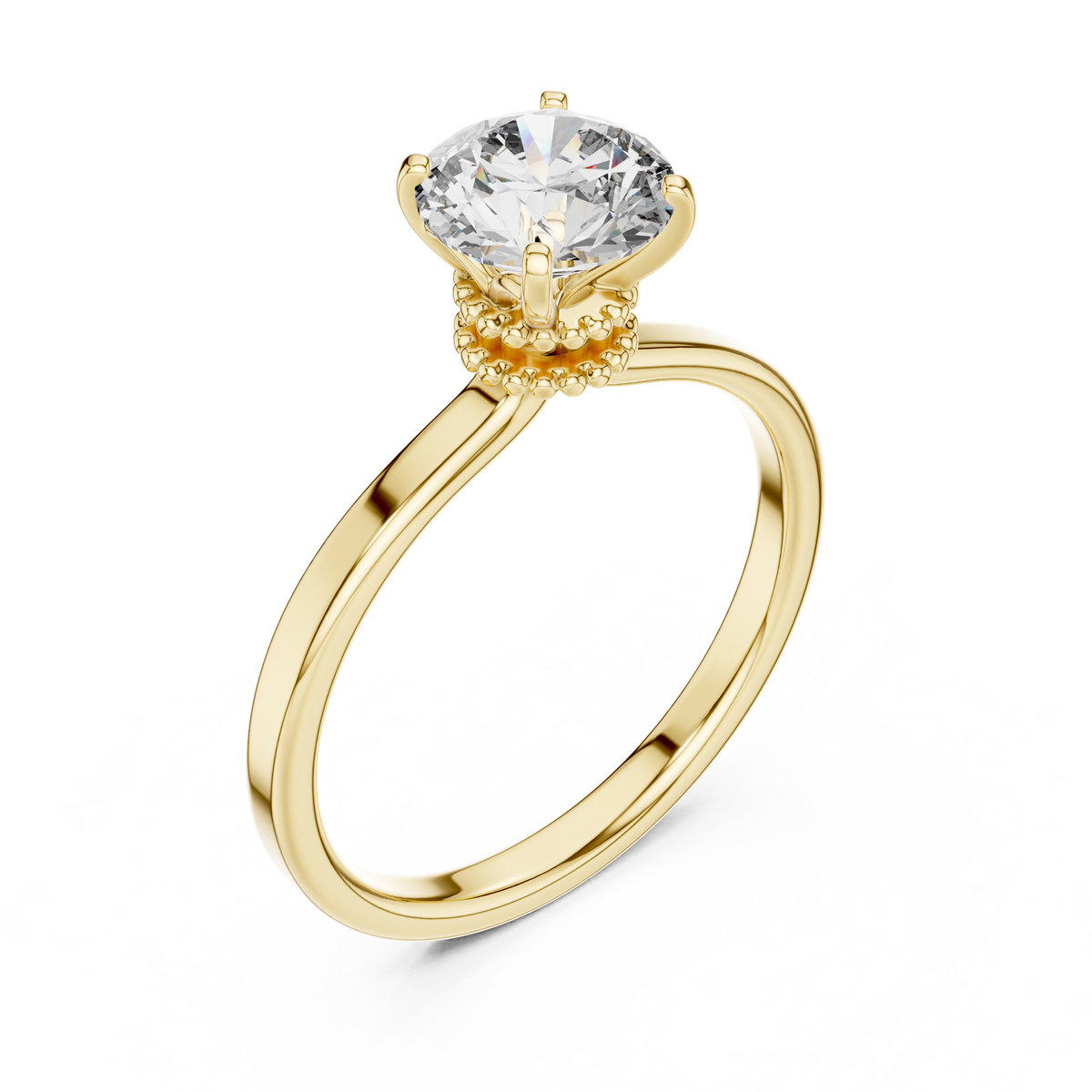 1ct Round Diamond Beaded Halo Ring in yellow gold, view 12