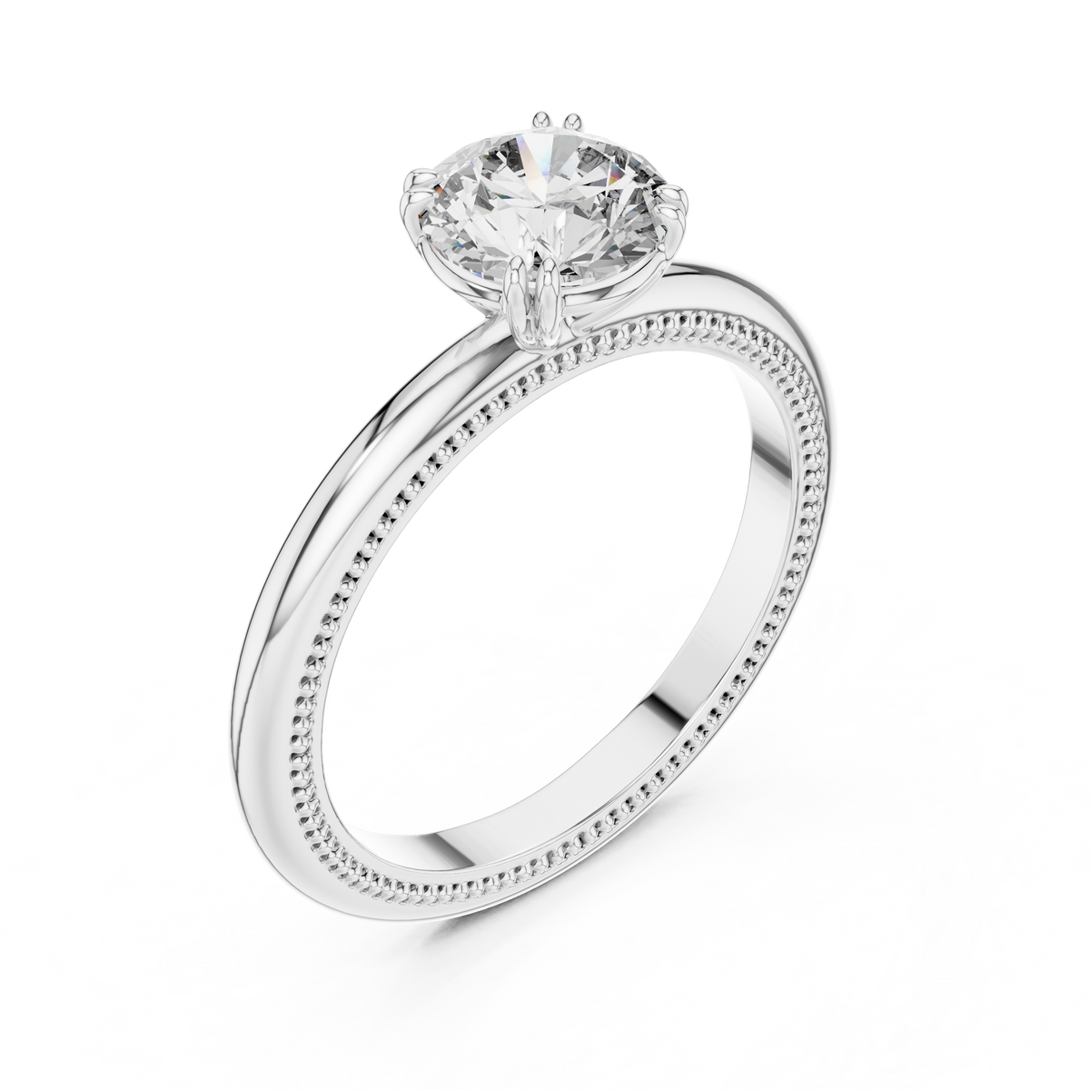 1ct Round Diamond Beaded-Edge Solitaire Ring in white gold, view 11