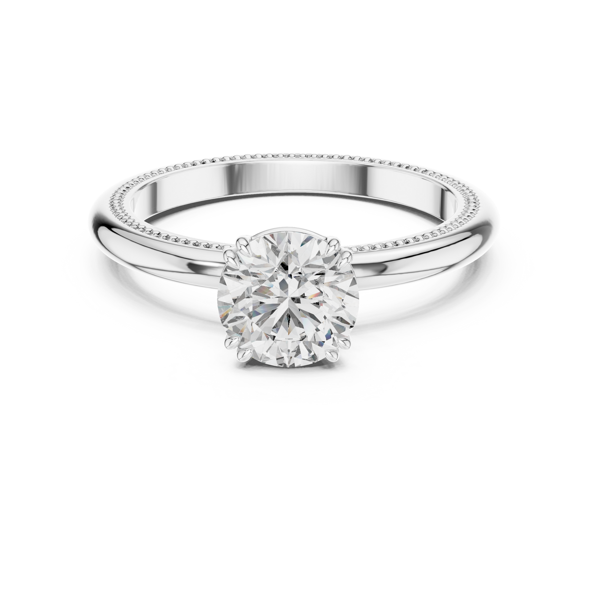 1ct Round Diamond Beaded-Edge Solitaire Ring in white gold, view 7
