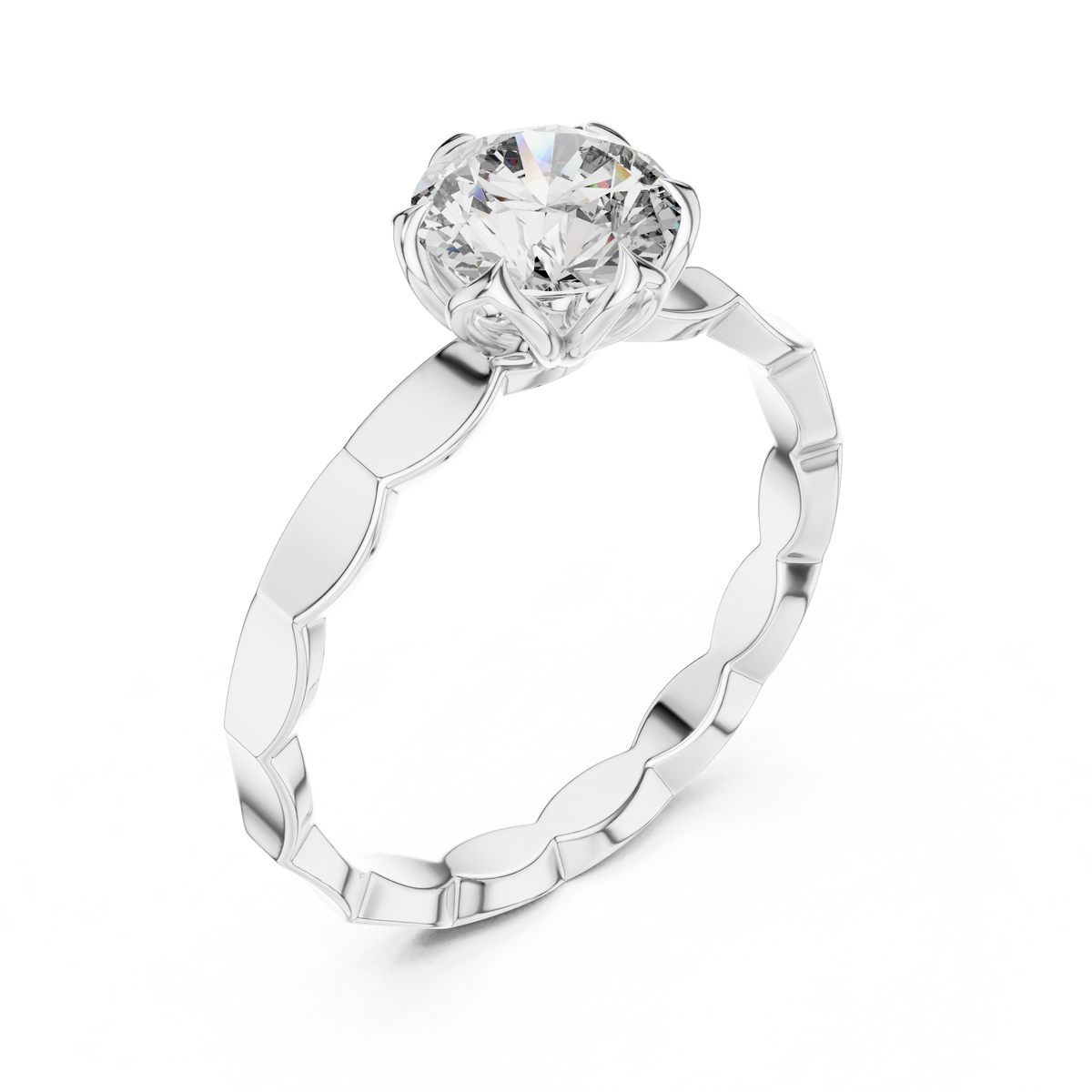 Solitairering met ronde diamant van 1 ct en gefacetteerde ringscheen in witgoud — aanzicht 11