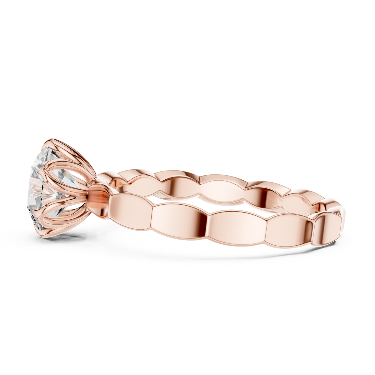 Solitairering met ronde diamant van 1 ct en gefacetteerde ringscheen in roségoud — aanzicht 4