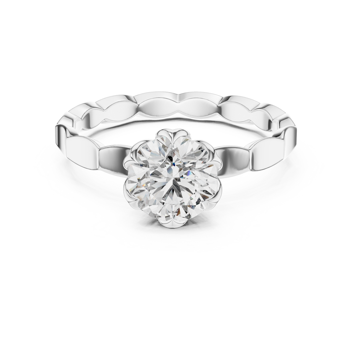 Solitairering met ronde diamant van 1 ct en gefacetteerde ringscheen in witgoud — aanzicht 7