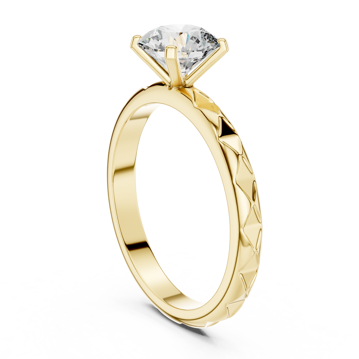 1ct Round Diamond Block-Pattern Shank Ring in yellow gold, view 1