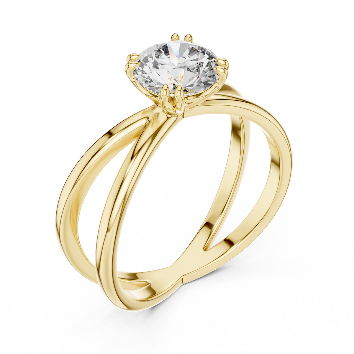1ct Round Diamond Open Crossover Ring in yellow gold, view 1