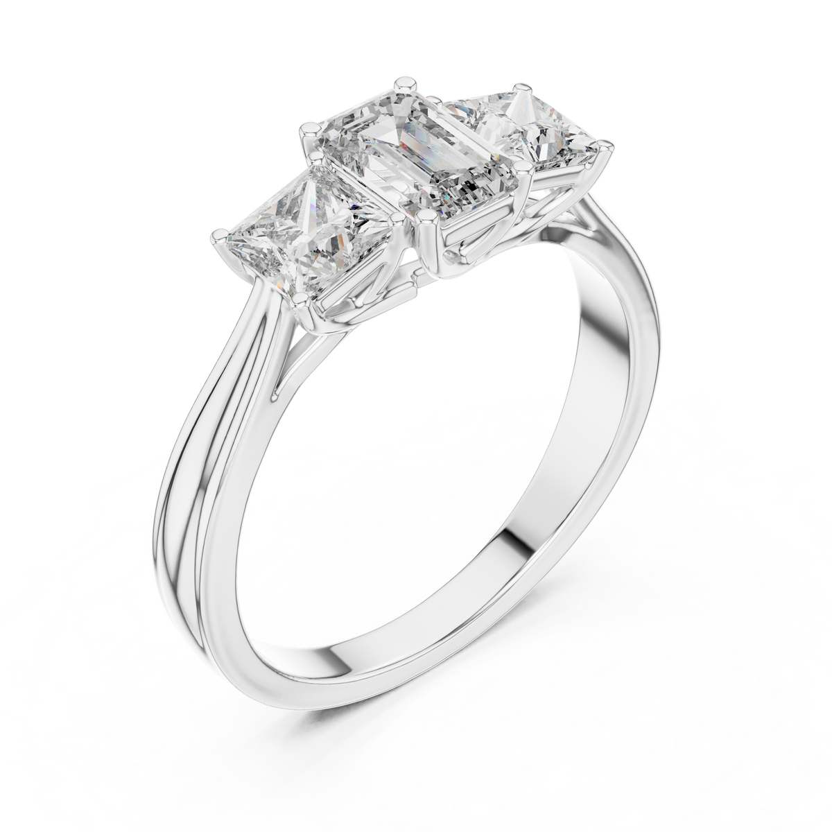 Ring met drie diamanten en gesplitste ringscheen in witgoud — aanzicht 11