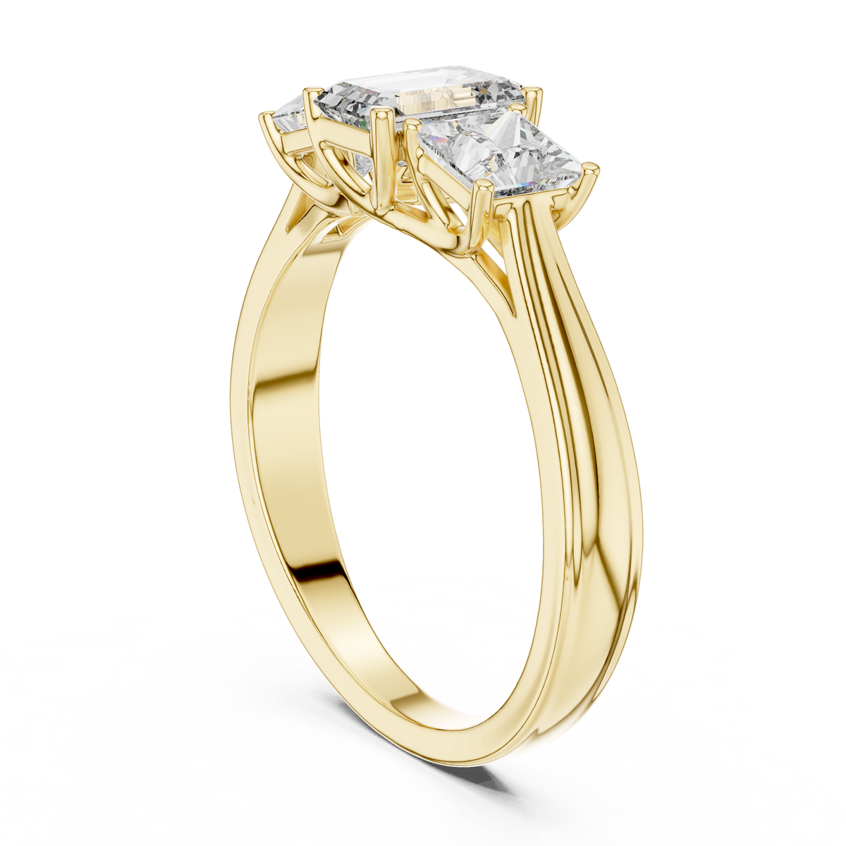 Ring met drie diamanten en gesplitste ringscheen in geelgoud — aanzicht 1