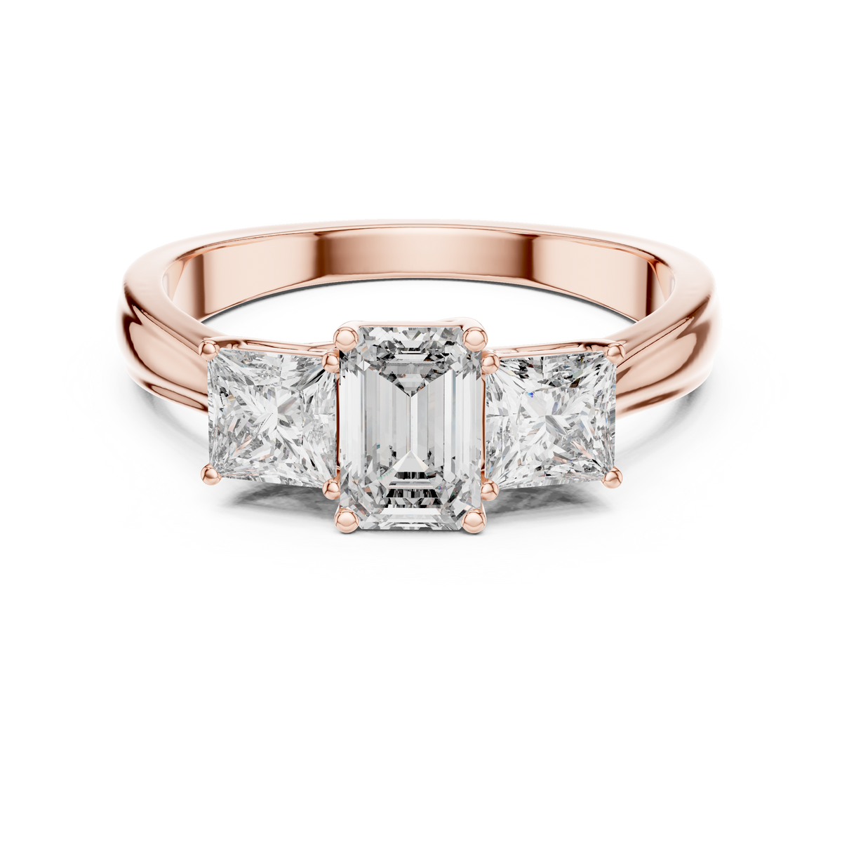 Ring met drie diamanten en gesplitste ringscheen in roségoud — aanzicht 5