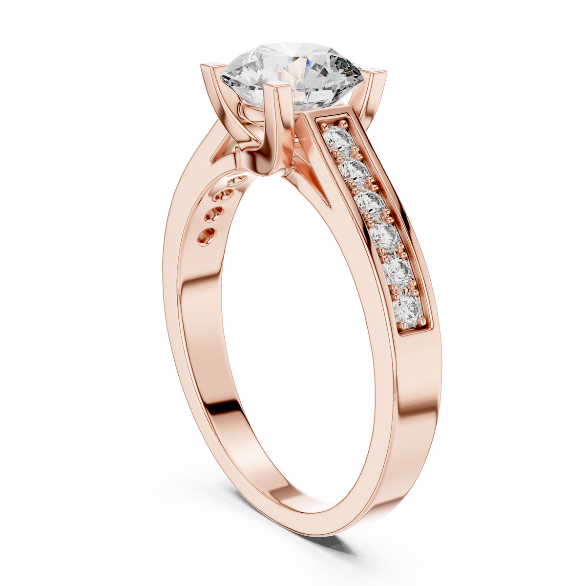 1ct Round Diamond Side-Stone Solitaire Ring in rose gold, view 3