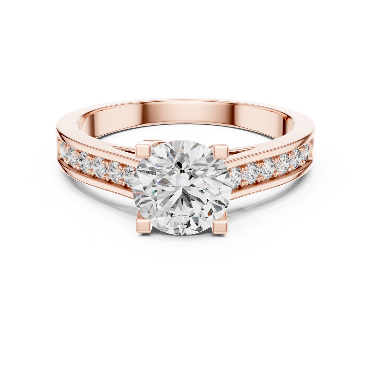 Solitairering met ronde diamant van 1 ct en zijstenen in roségoud — aanzicht 6