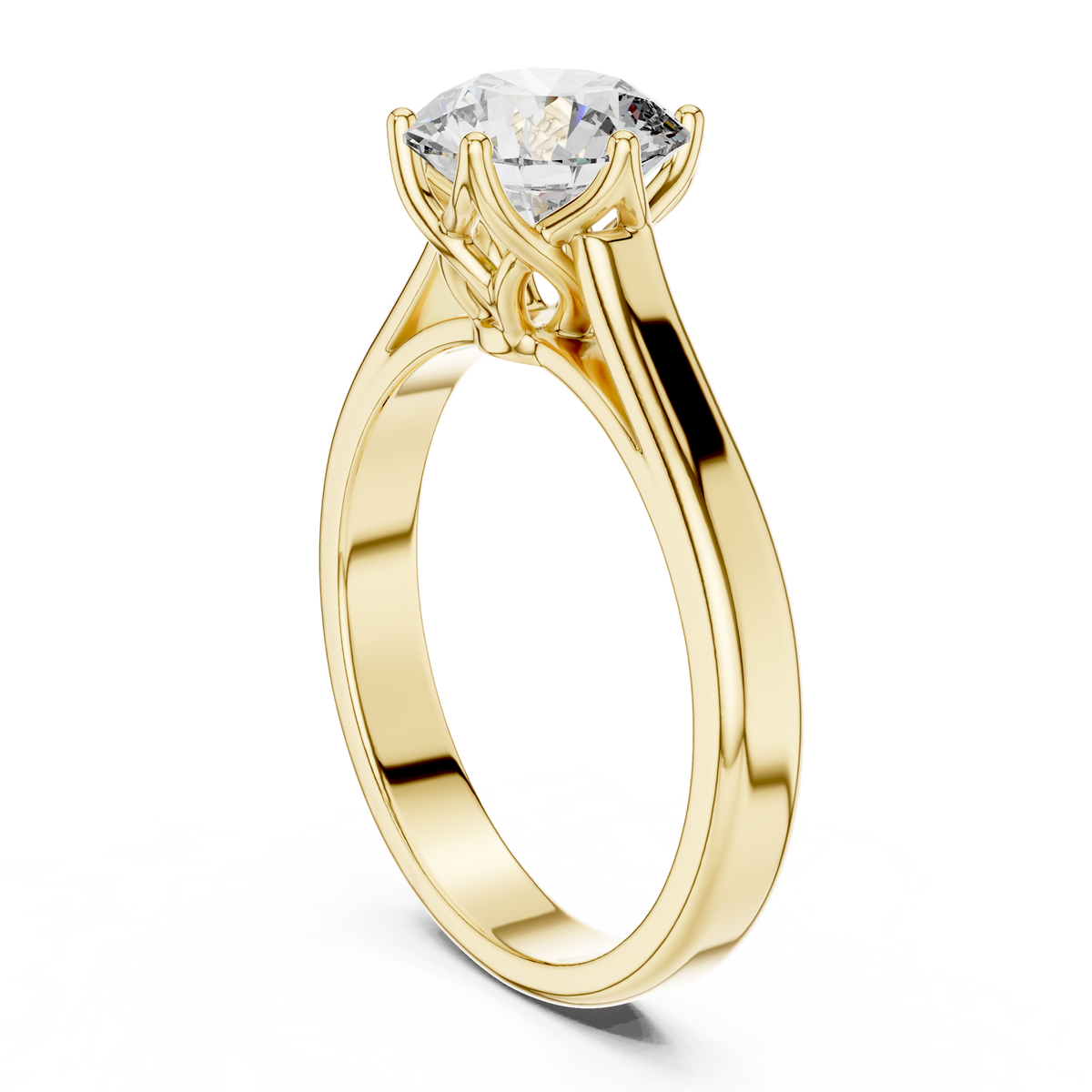 Solitairering met ronde diamant van 1 ct en gedraaide schouders in geelgoud — aanzicht 1