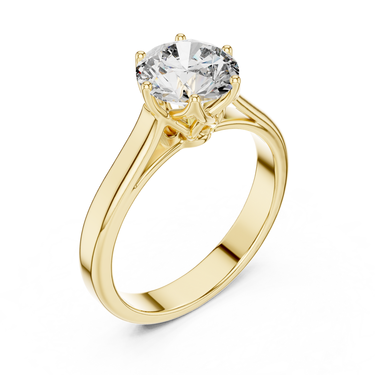 Solitairering met ronde diamant van 1 ct en gedraaide schouders in geelgoud — aanzicht 12