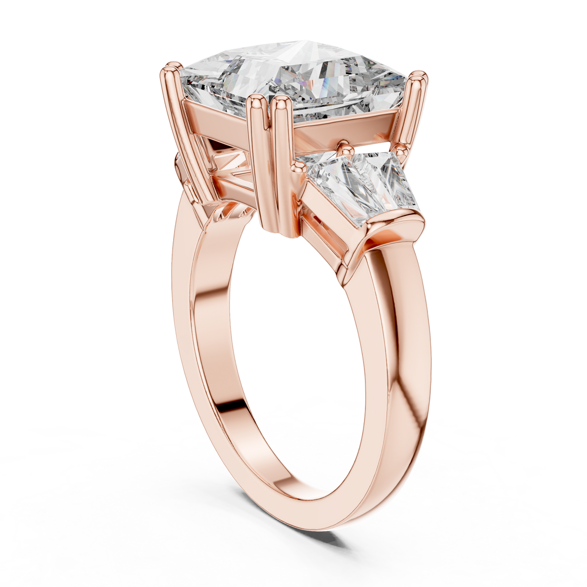 3ct Rectangular Diamond Three-Stone Engagement Ring in rose gold, view 2