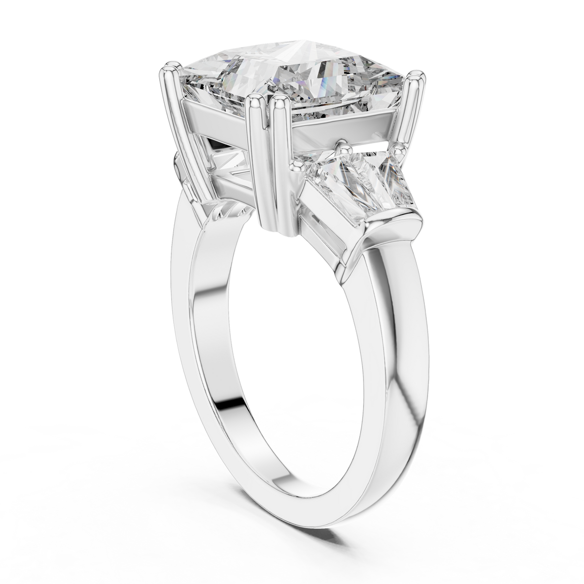 3ct Rectangular Diamond Three-Stone Engagement Ring in white gold, view 3