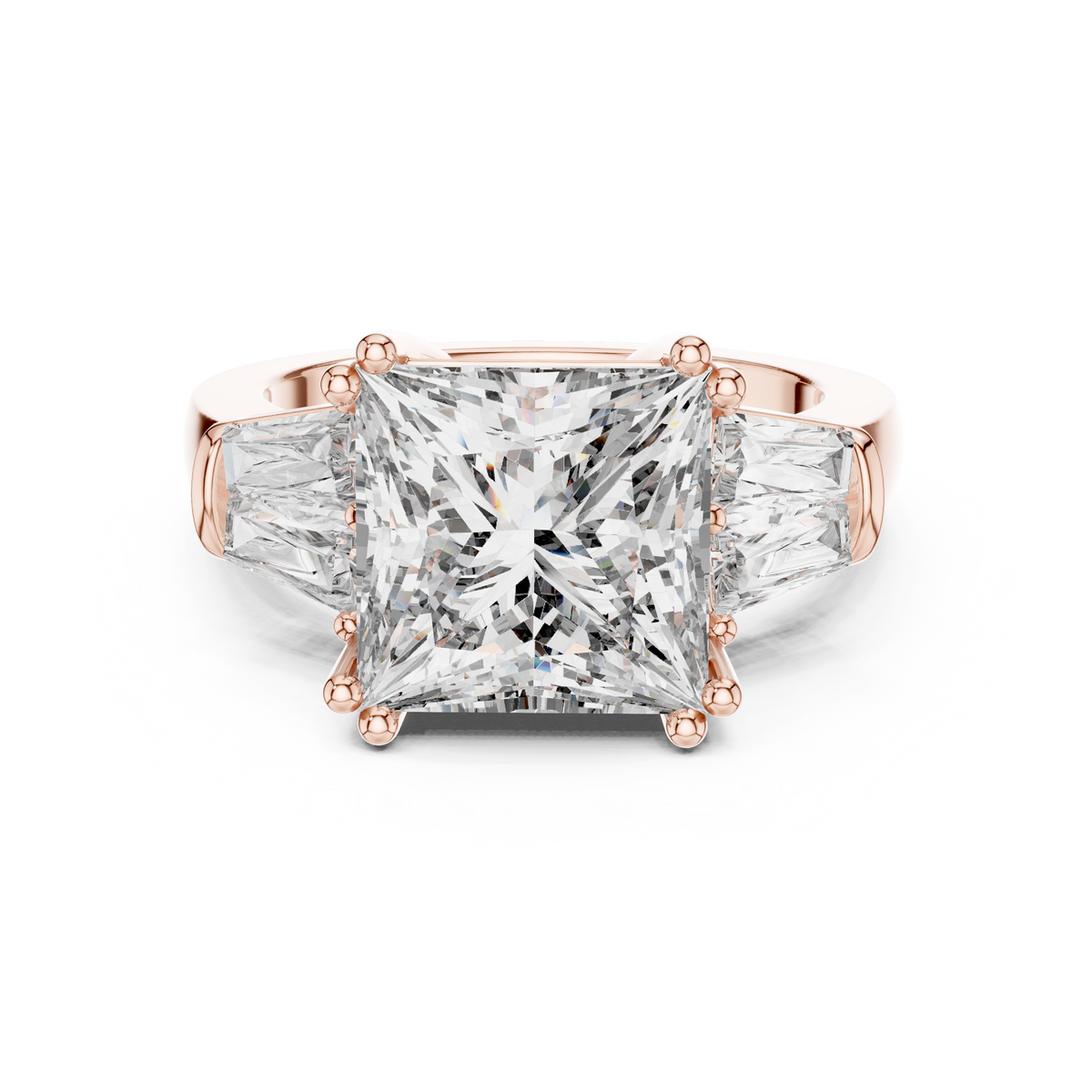 3ct Rectangular Diamond Three-Stone Engagement Ring in rose gold, view 5
