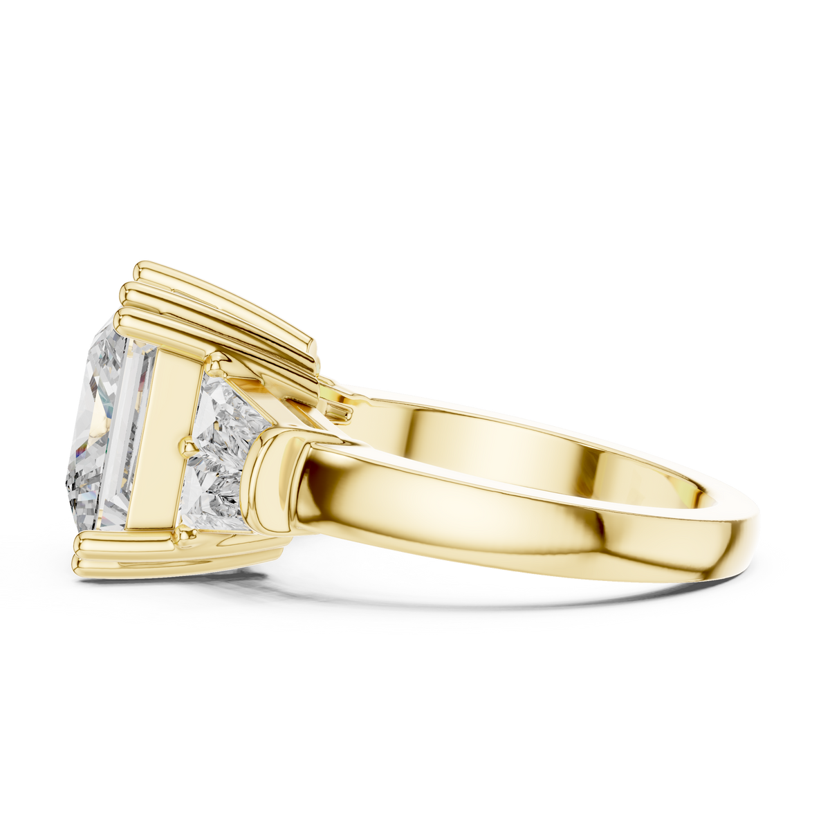3ct Rectangular Diamond Three-Stone Engagement Ring in yellow gold, view 9