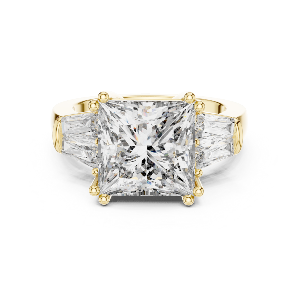 3ct Rectangular Diamond Three-Stone Engagement Ring in yellow gold, view 4