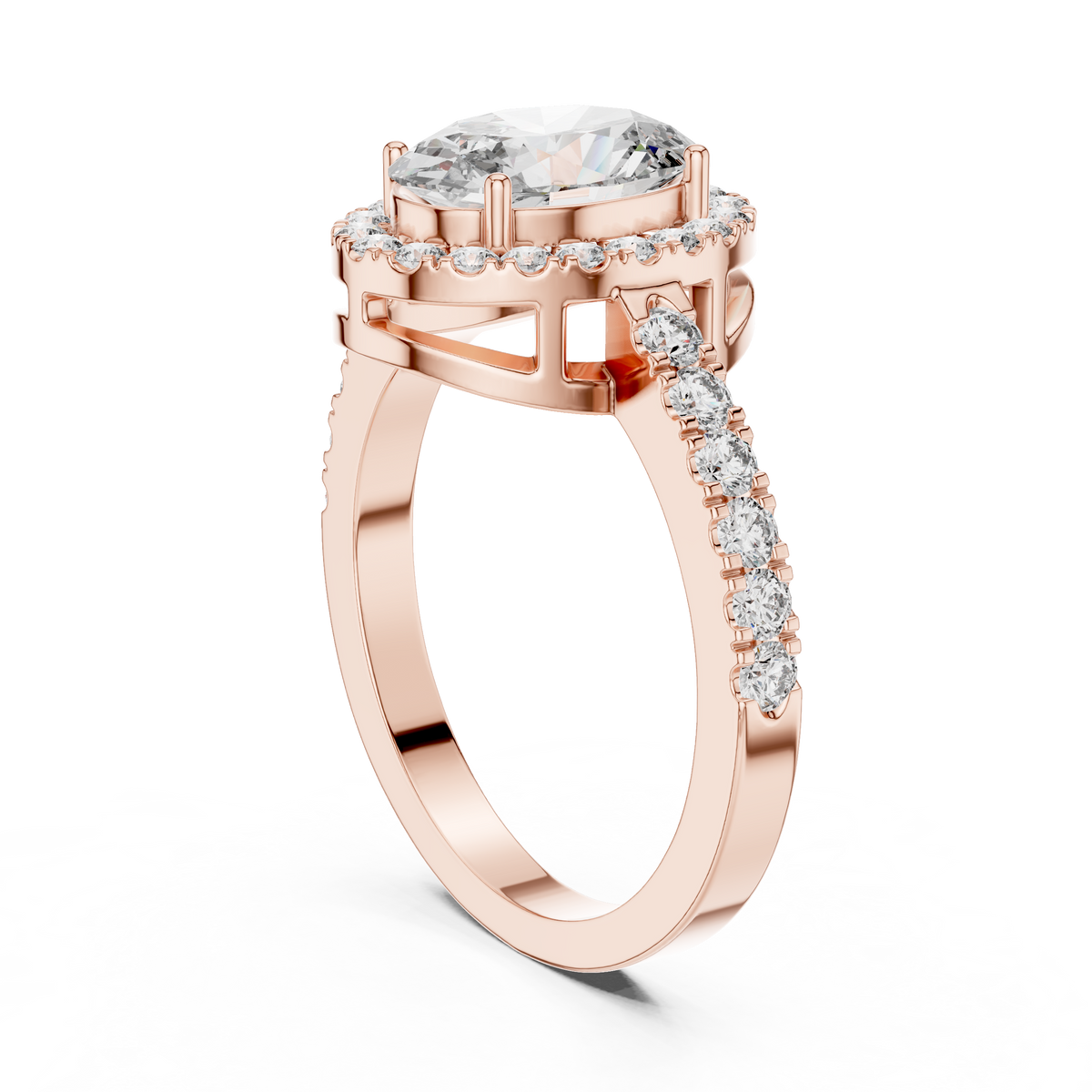 1ct Round Diamond Tiered Beaded Shank Ring in rose gold, view 2