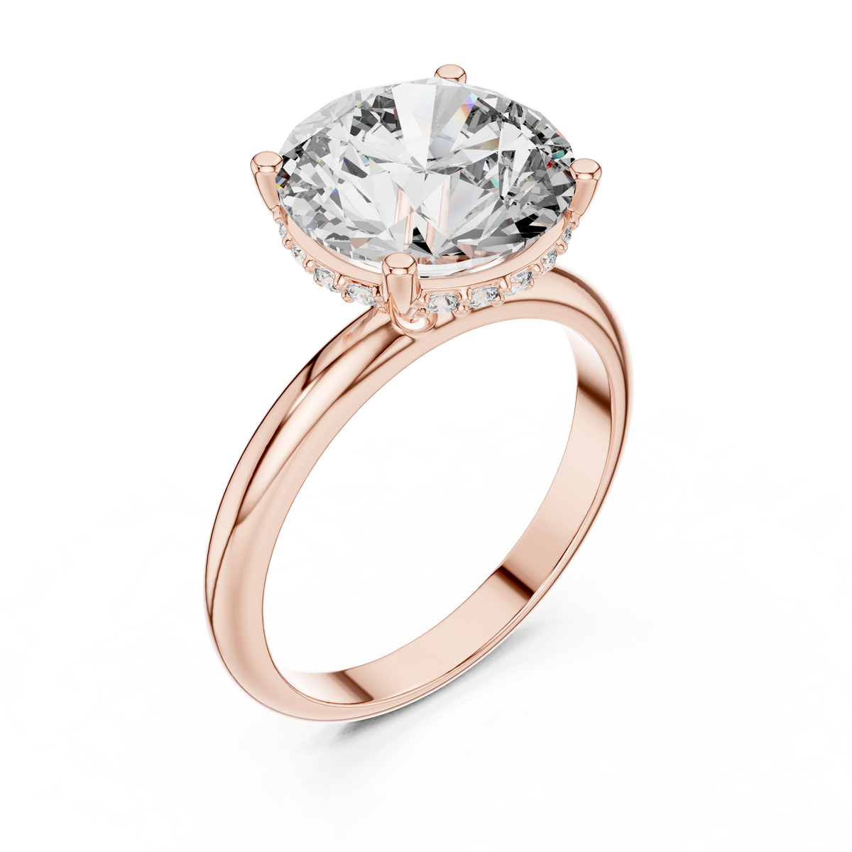 3.5ct Round Diamond Hidden Halo Engagement Ring in rose gold, view 2