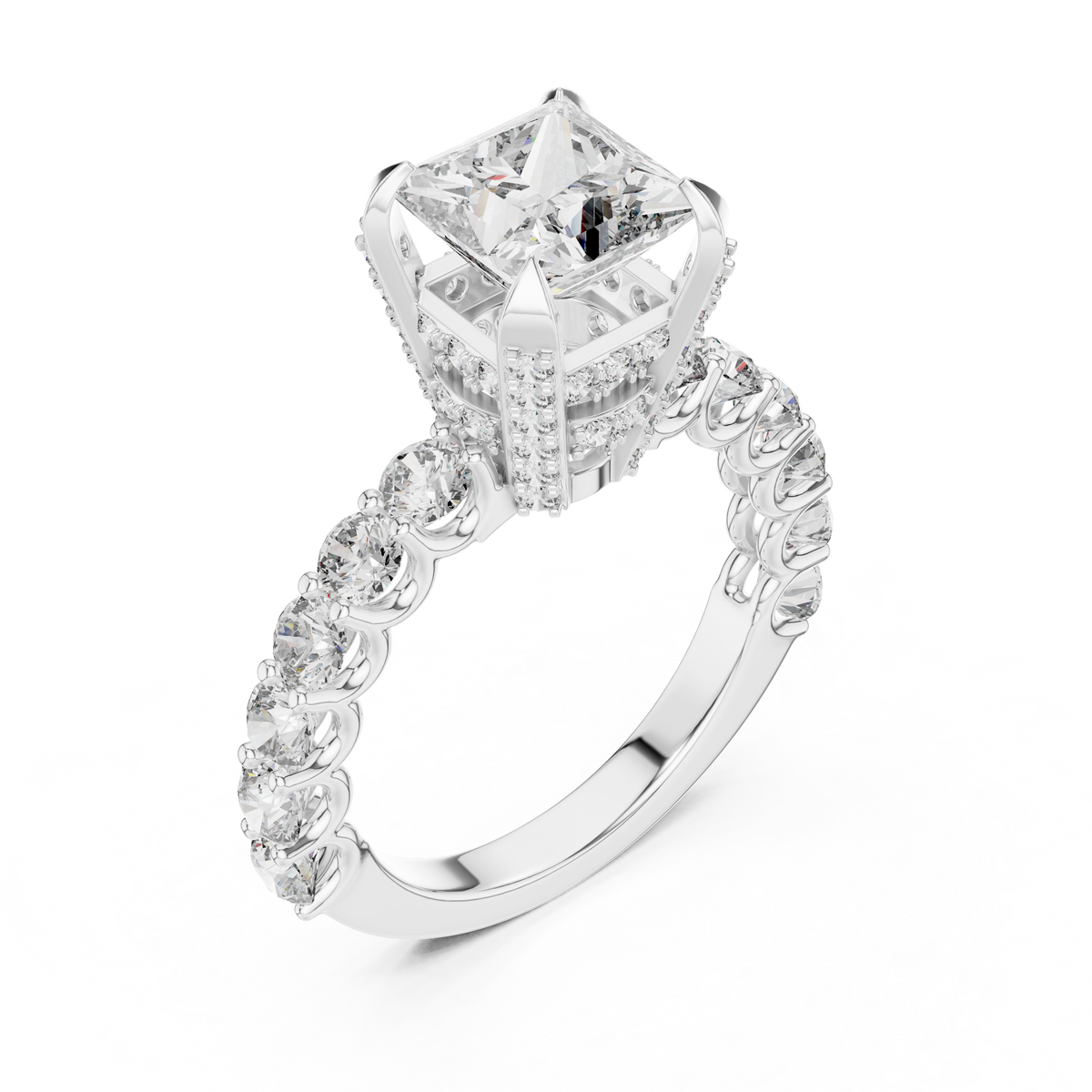 Ring met ronde diamant en oplopende zijstenen in witgoud — aanzicht 11