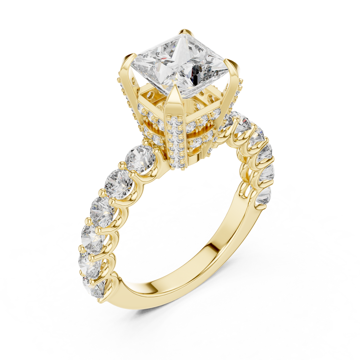 Ring met ronde diamant en oplopende zijstenen in geelgoud — aanzicht 12