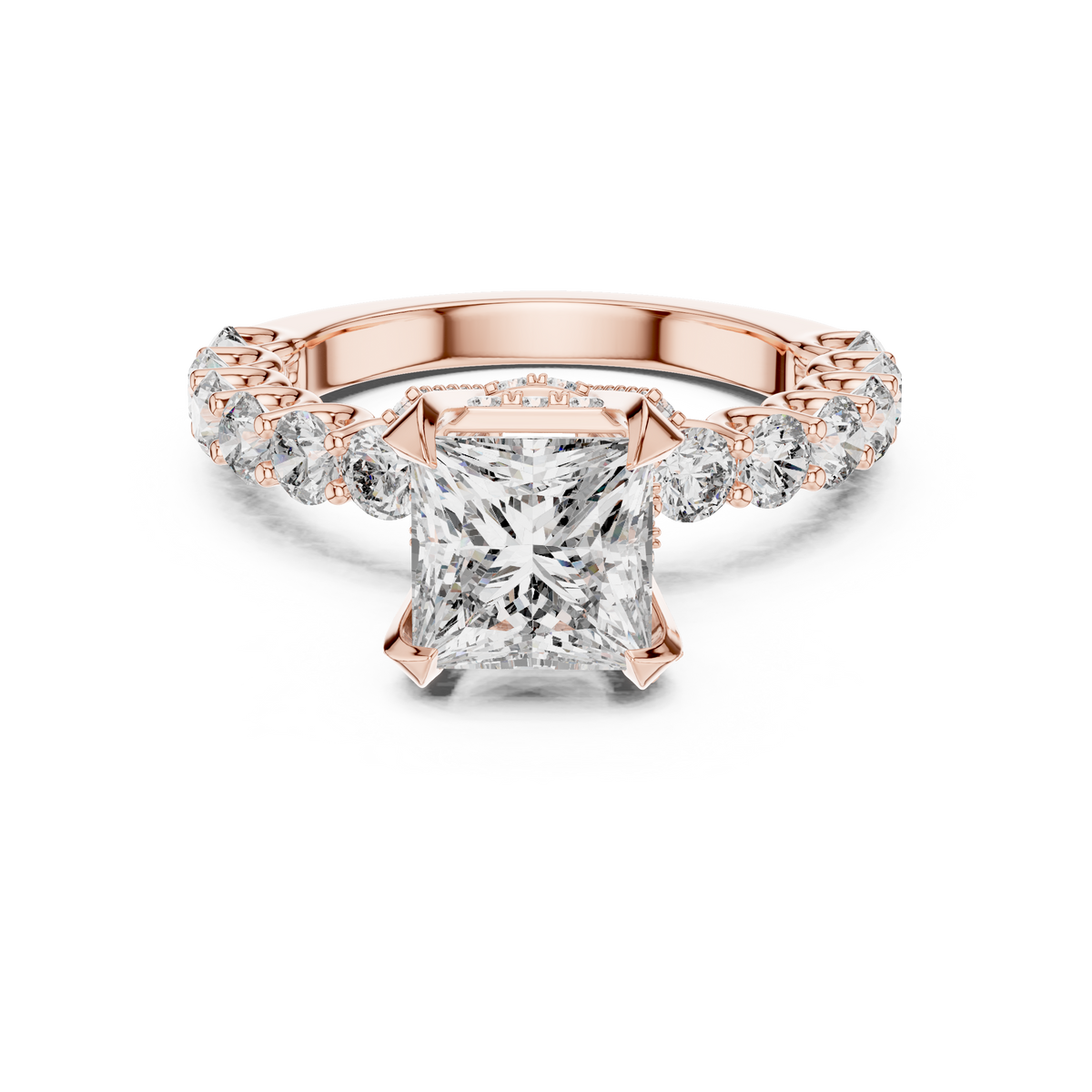 Ring met ronde diamant en oplopende zijstenen in roségoud — aanzicht 5