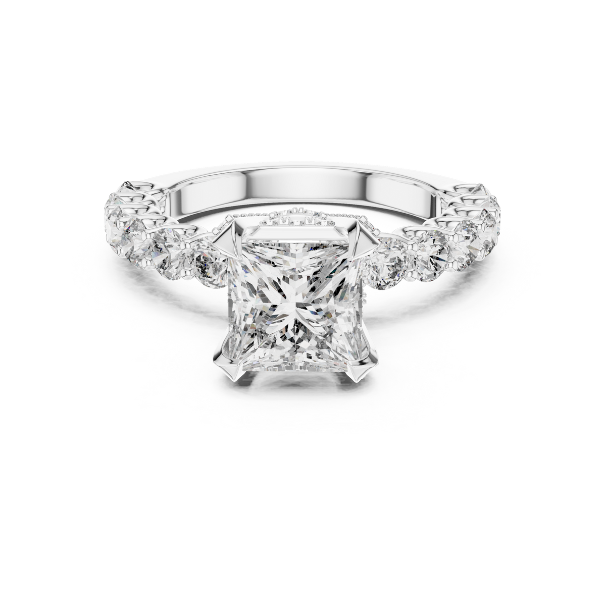 Ring met ronde diamant en oplopende zijstenen in witgoud — aanzicht 7