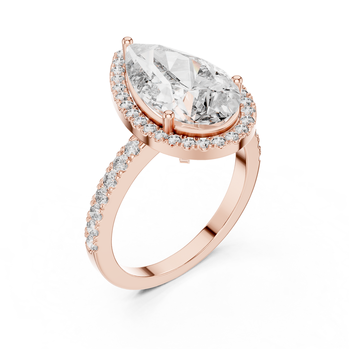Pavéverlovingsring met peervormige diamant van 4 ct en halo in roségoud — aanzicht 2