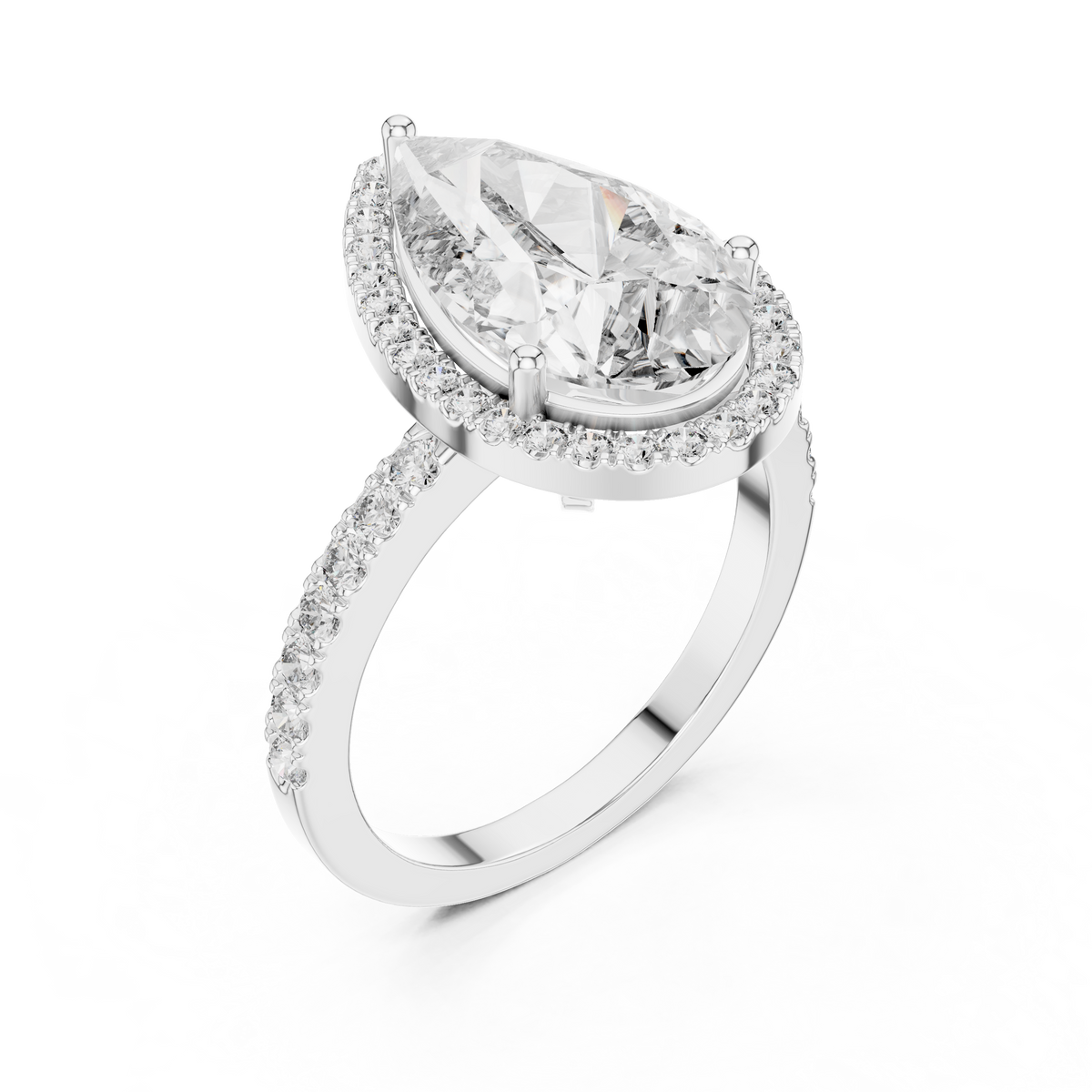 Pavéverlovingsring met peervormige diamant van 4 ct en halo in witgoud — aanzicht 3