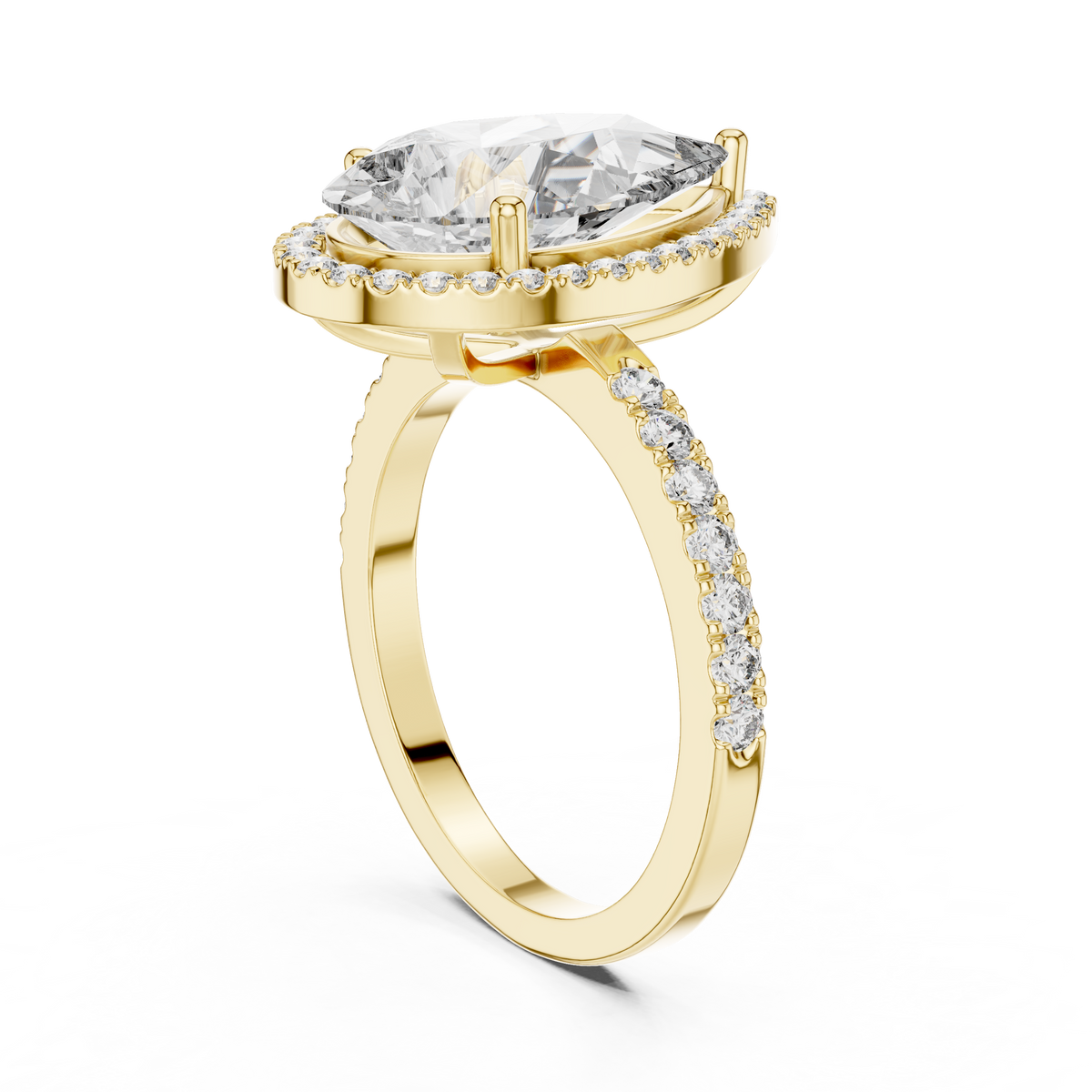 Pavéverlovingsring met peervormige diamant van 4 ct en halo in geelgoud — aanzicht 4