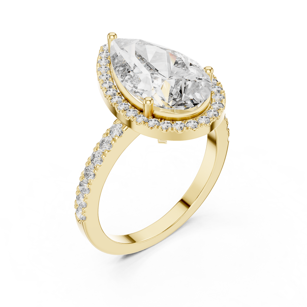 Pavéverlovingsring met peervormige diamant van 4 ct en halo in geelgoud — aanzicht 1
