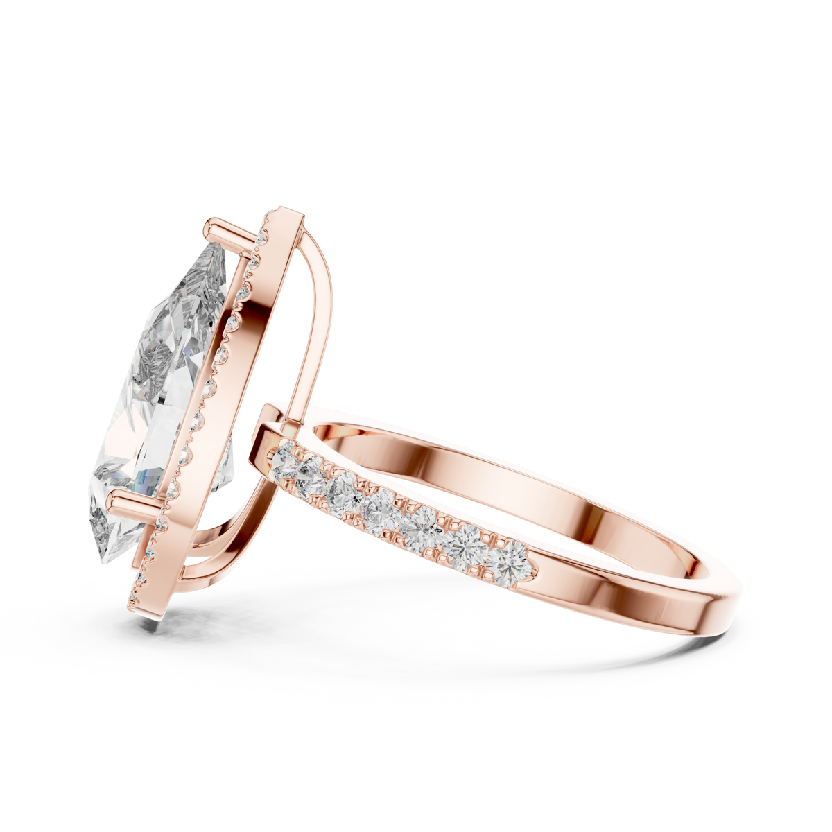 Pavéverlovingsring met peervormige diamant van 4 ct en halo in roségoud — aanzicht 9