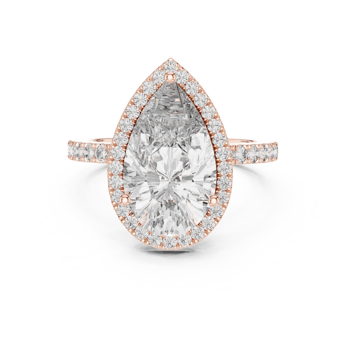 Pavéverlovingsring met peervormige diamant van 4 ct en halo in roségoud — aanzicht 7