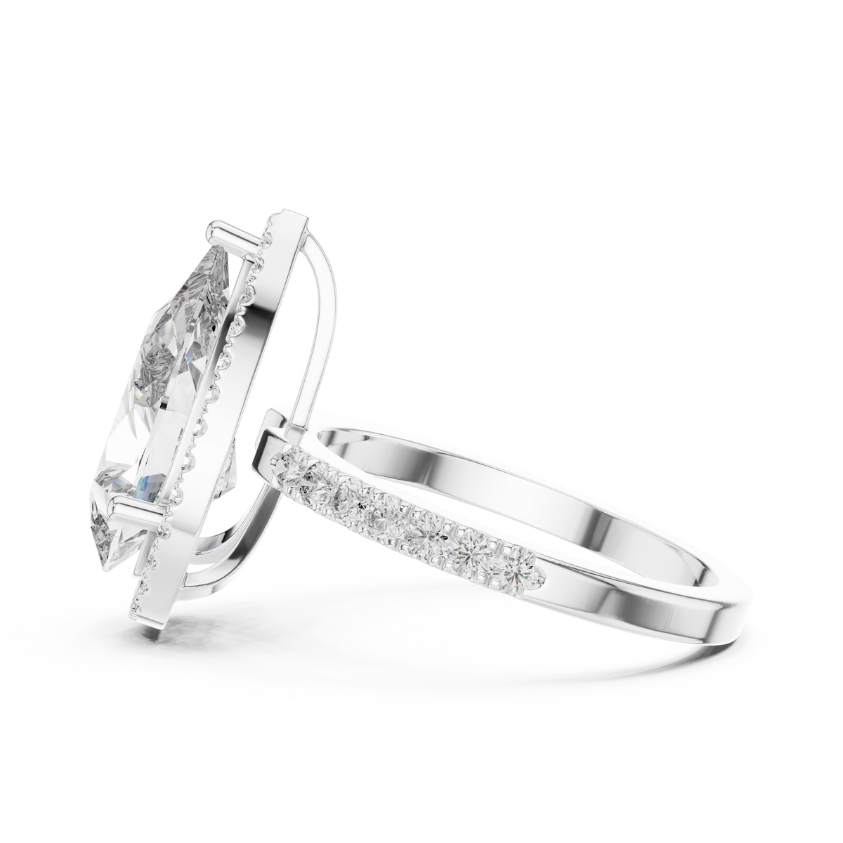 Pavéverlovingsring met peervormige diamant van 4 ct en halo in witgoud — aanzicht 10