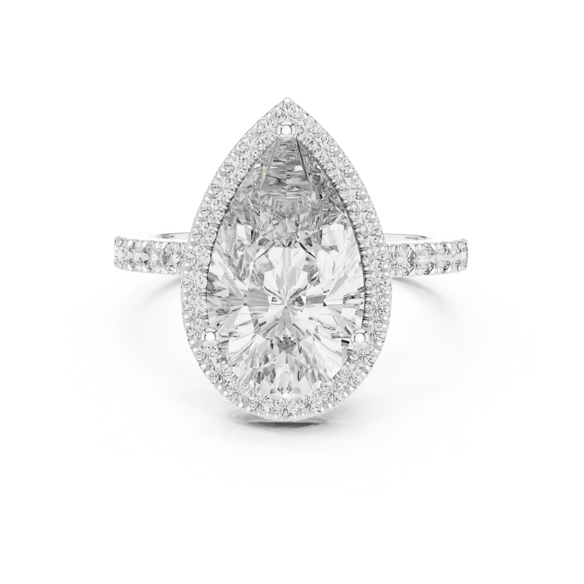 Pavéverlovingsring met peervormige diamant van 4 ct en halo in witgoud — aanzicht 8