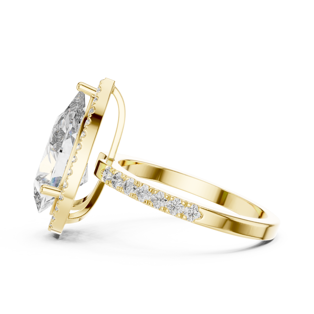 Pavéverlovingsring met peervormige diamant van 4 ct en halo in geelgoud — aanzicht 12