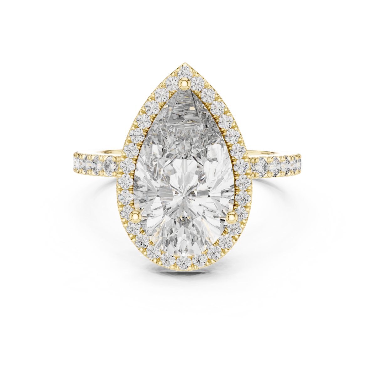 Pavéverlovingsring met peervormige diamant van 4 ct en halo in geelgoud — aanzicht 11