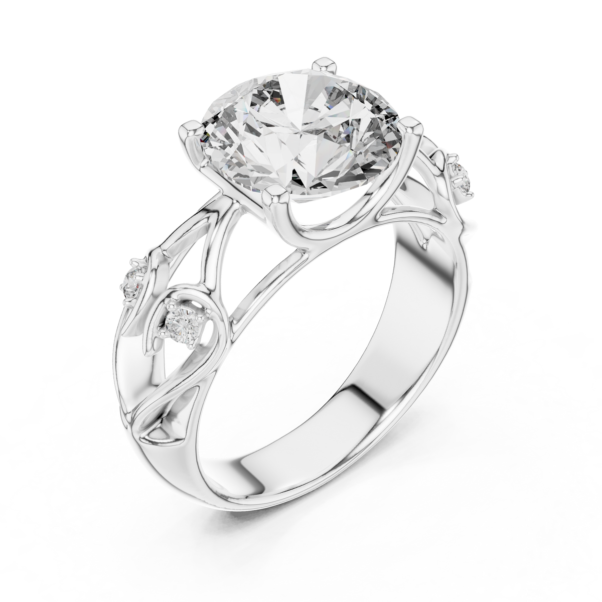 Verlovingsring met ronde diamant van 3,5 ct en opengewerkte ringscheen in witgoud — aanzicht 5