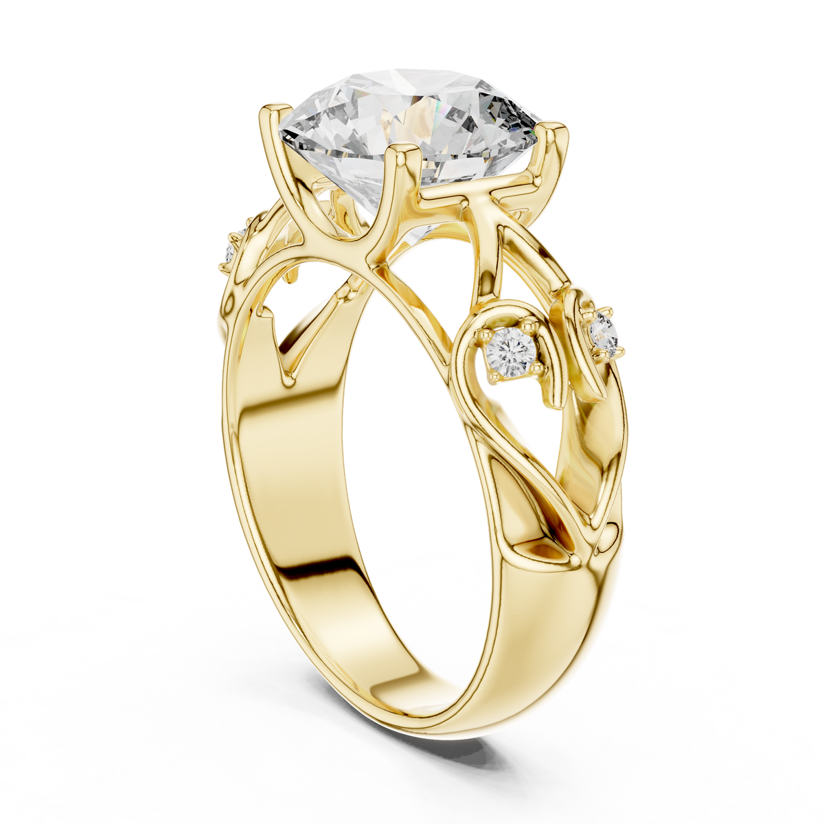 Verlovingsring met ronde diamant van 3,5 ct en opengewerkte ringscheen in geelgoud — aanzicht 6