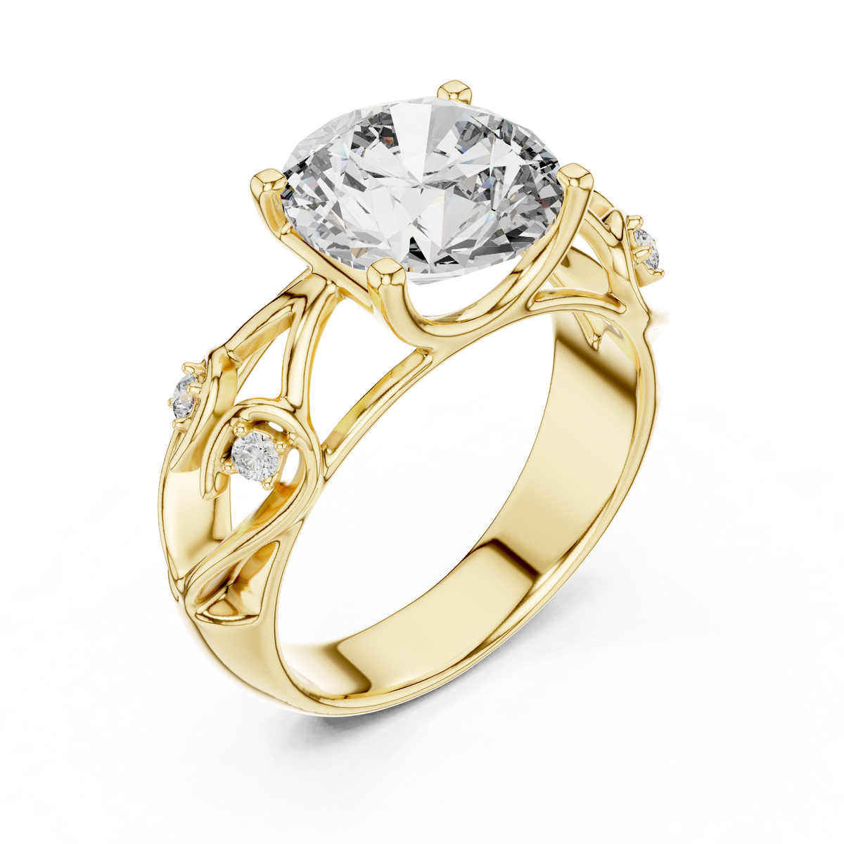 Verlovingsring met ronde diamant van 3,5 ct en opengewerkte ringscheen in geelgoud — aanzicht 1