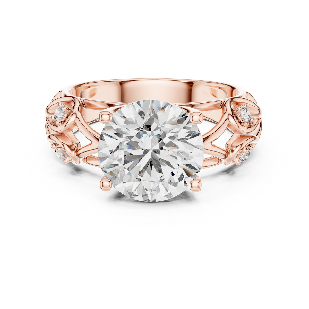 Verlovingsring met ronde diamant van 3,5 ct en opengewerkte ringscheen in roségoud — aanzicht 9